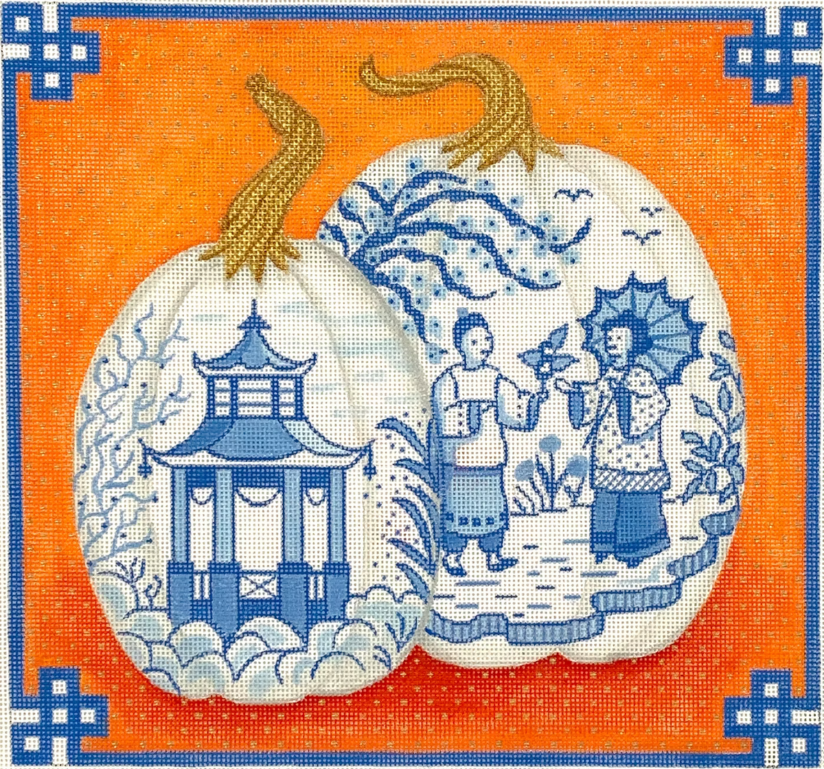 CHINOISERIE PORCELAIN PUMPKIN W/ CHINESE BORDER