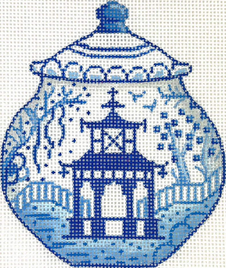 Mini Chinese Vase- Medium Blue and White w/ Pagoda & Willow Trees