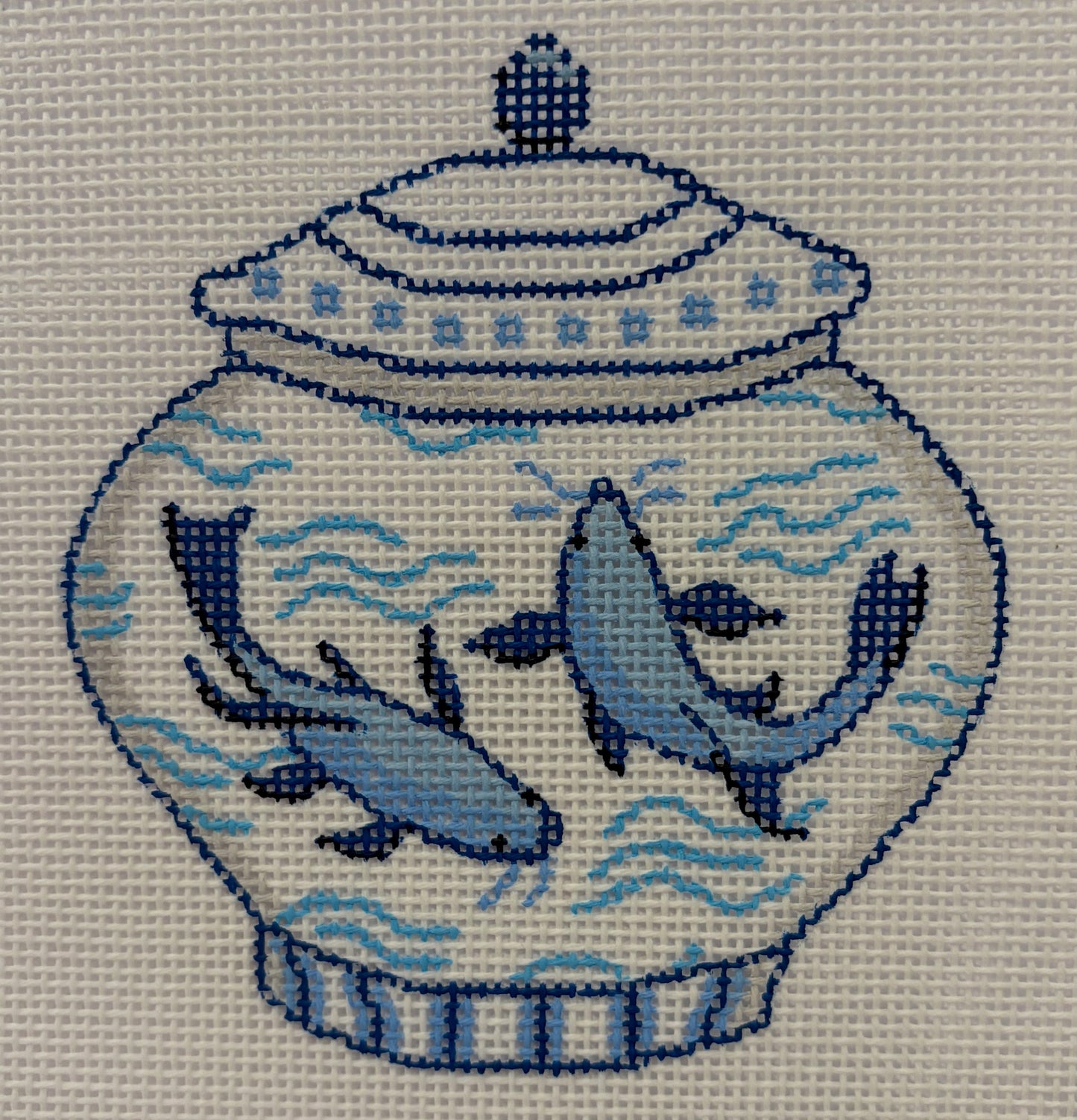 Mini Chinese Vase - Short Blue & White with Koi Fish
