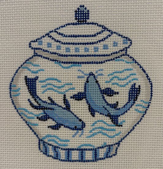 Mini Chinese Vase - Short Blue & White with Koi Fish
