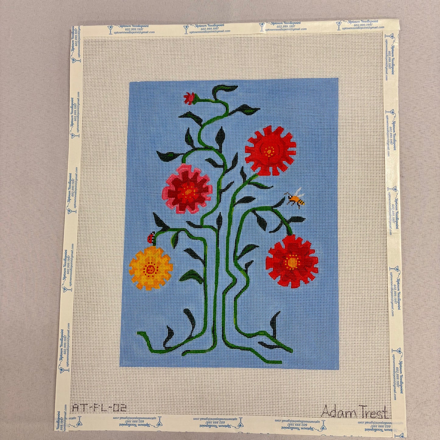 Vining Flowers On Blue Canvas