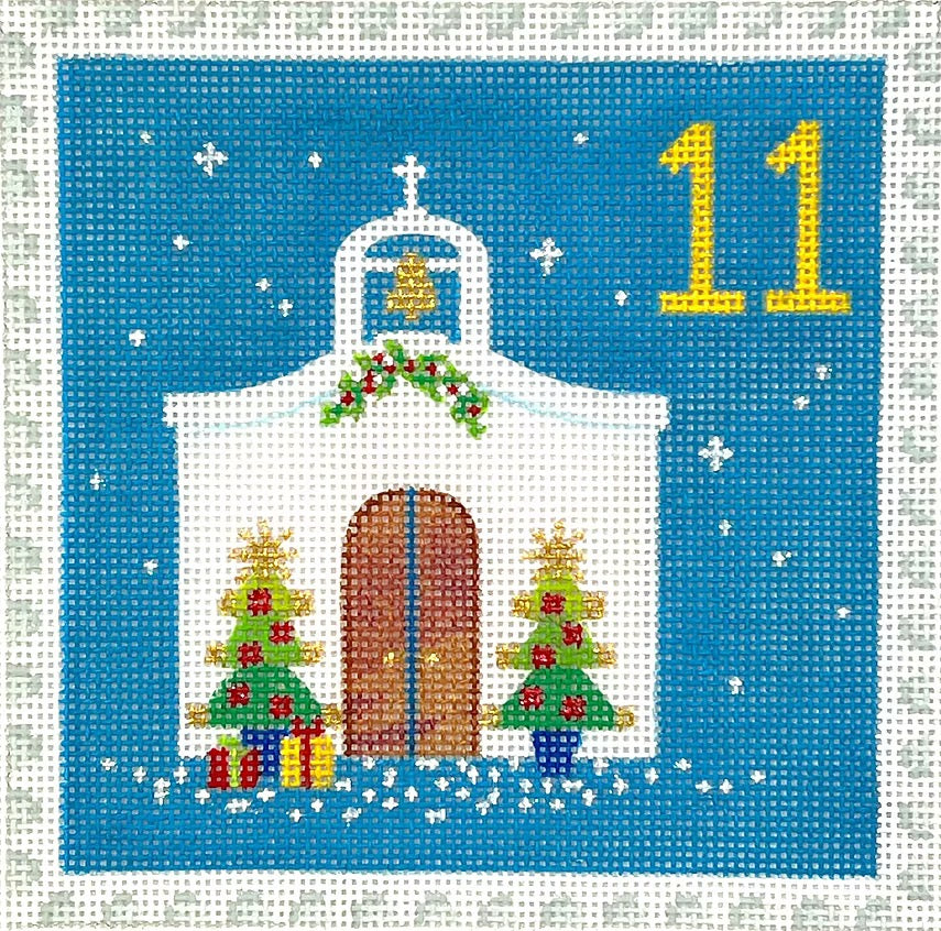 ADVENT STAMP #11- CHAPEL W/ XMAS TREES