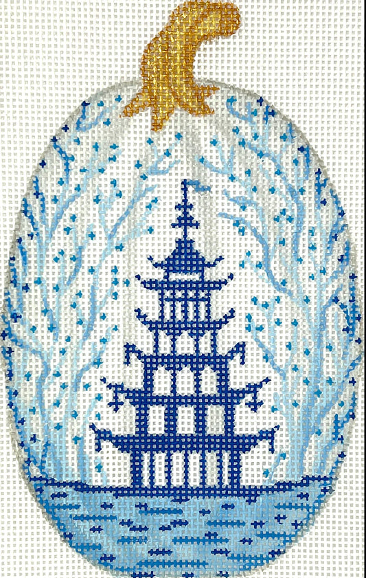 Mini Chinoiserie Pumpkin- Tall & Thin w/ Pagoda & Vines